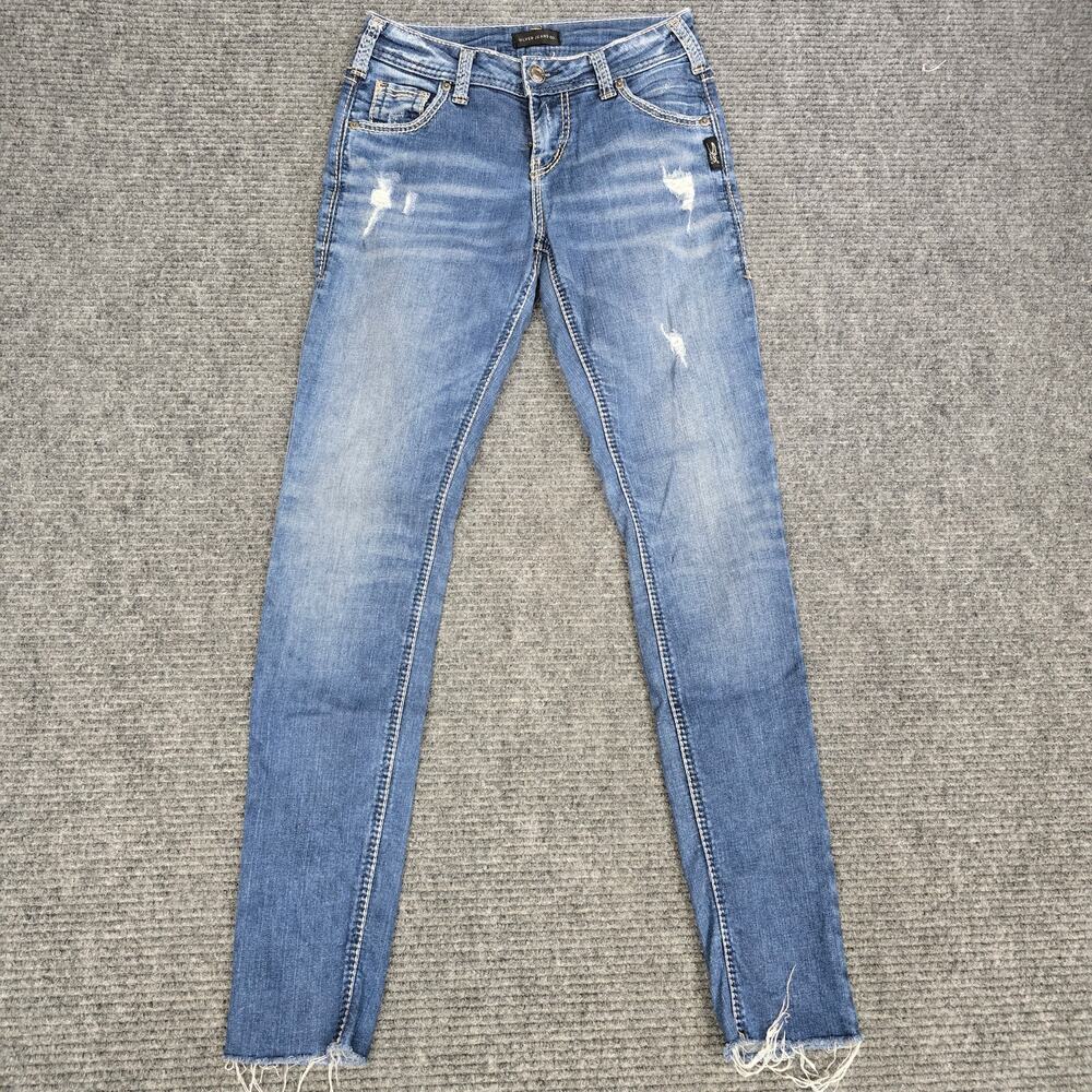 Silver Jeans Co Girlfriend Women’s 24x29 Blue Distressed Skinny Raw Hem Stretch